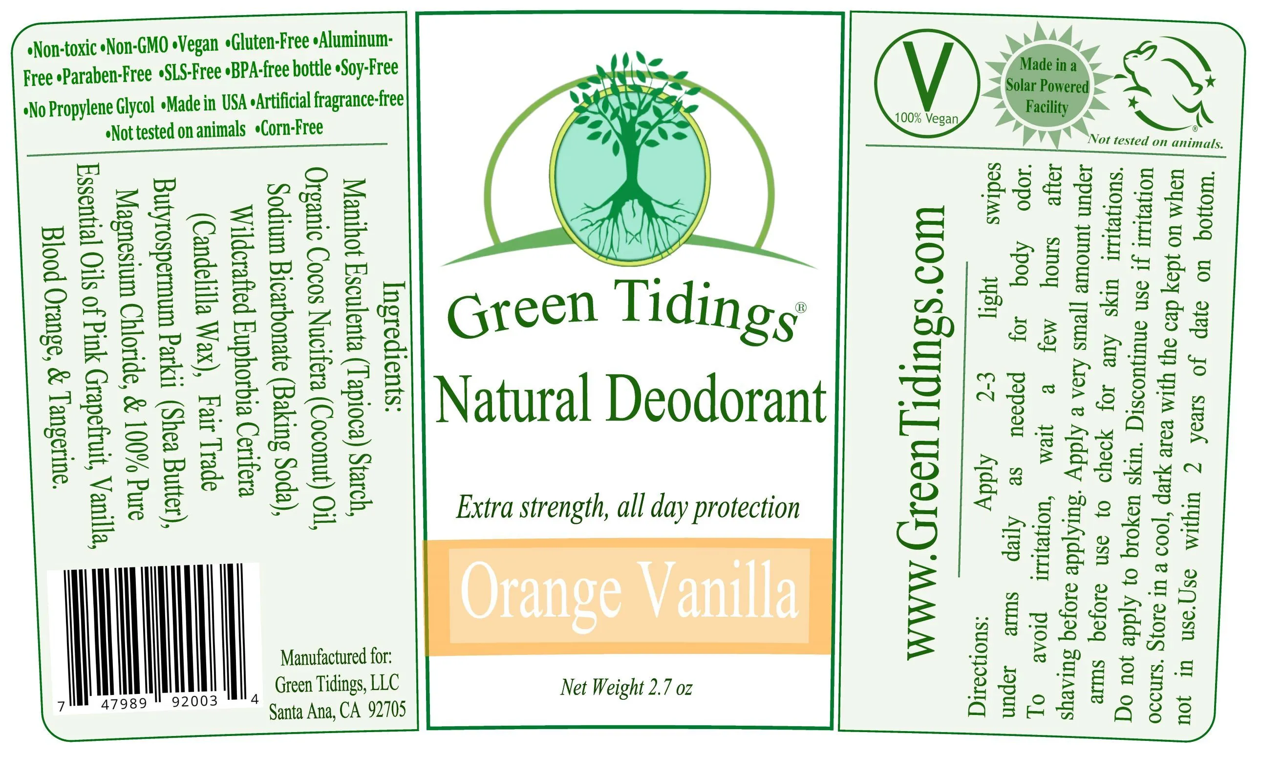 Green Tidings All Natural Deodorant- Orange Vanilla, 2.7 Ounces