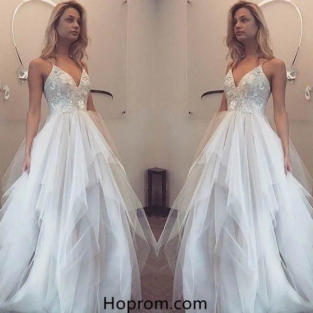 Ivory Spaghetti Straps V-neck Prom Dresses with Appliques