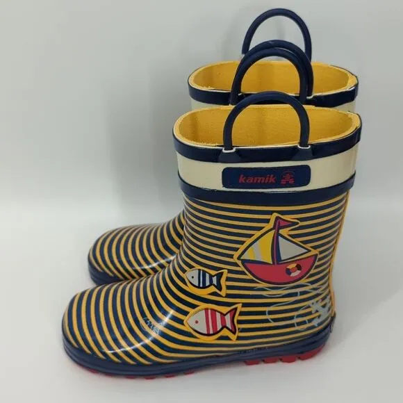 Kamik Ahoy Fish Sailboat Waterproof Yellow Blue Rainboots Little Kid's 13 NWT