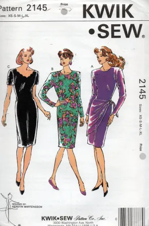 Kwik Sew 2145 Womens Stretch Dress with Side Drape 1990s Vintage Sewing Pattern Size XS - XL UNCUT Factory Folded