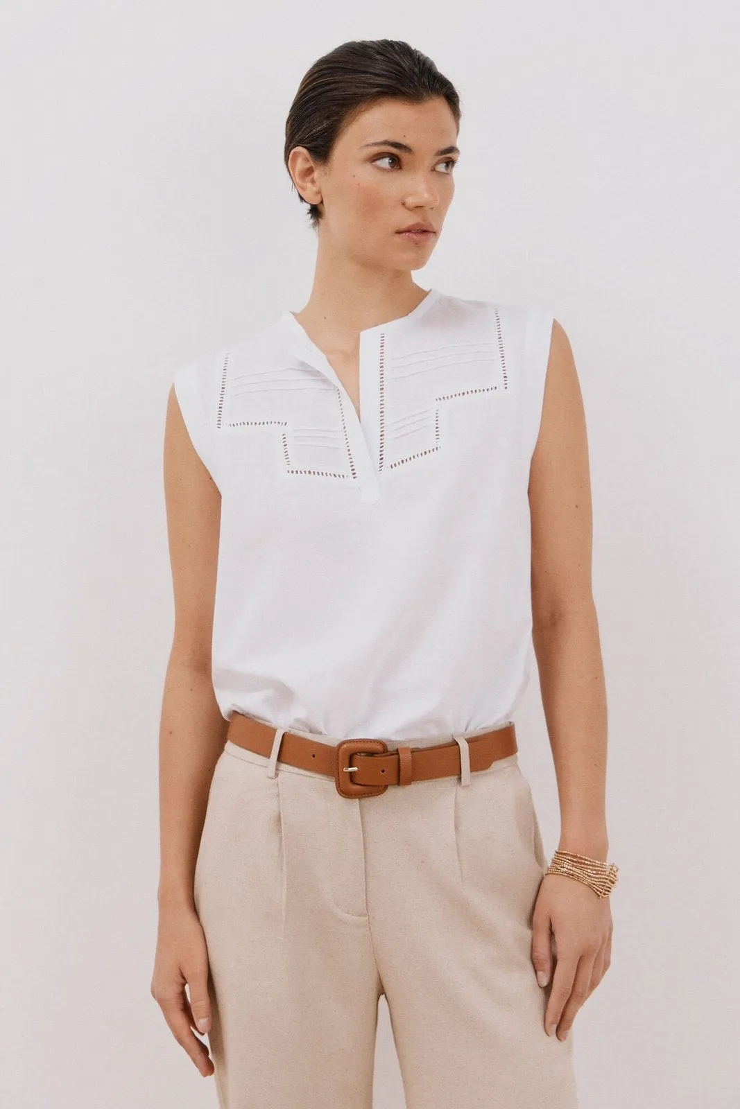 Linen Combination Top - White