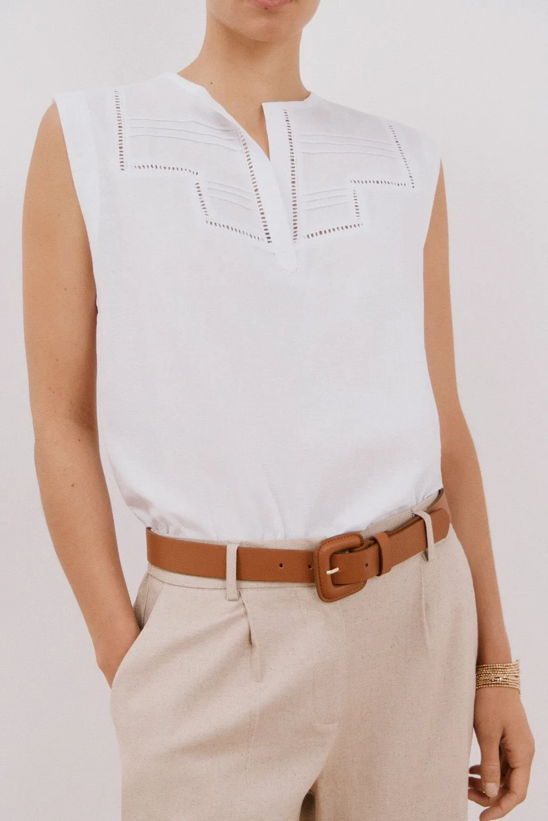 Linen Combination Top - White