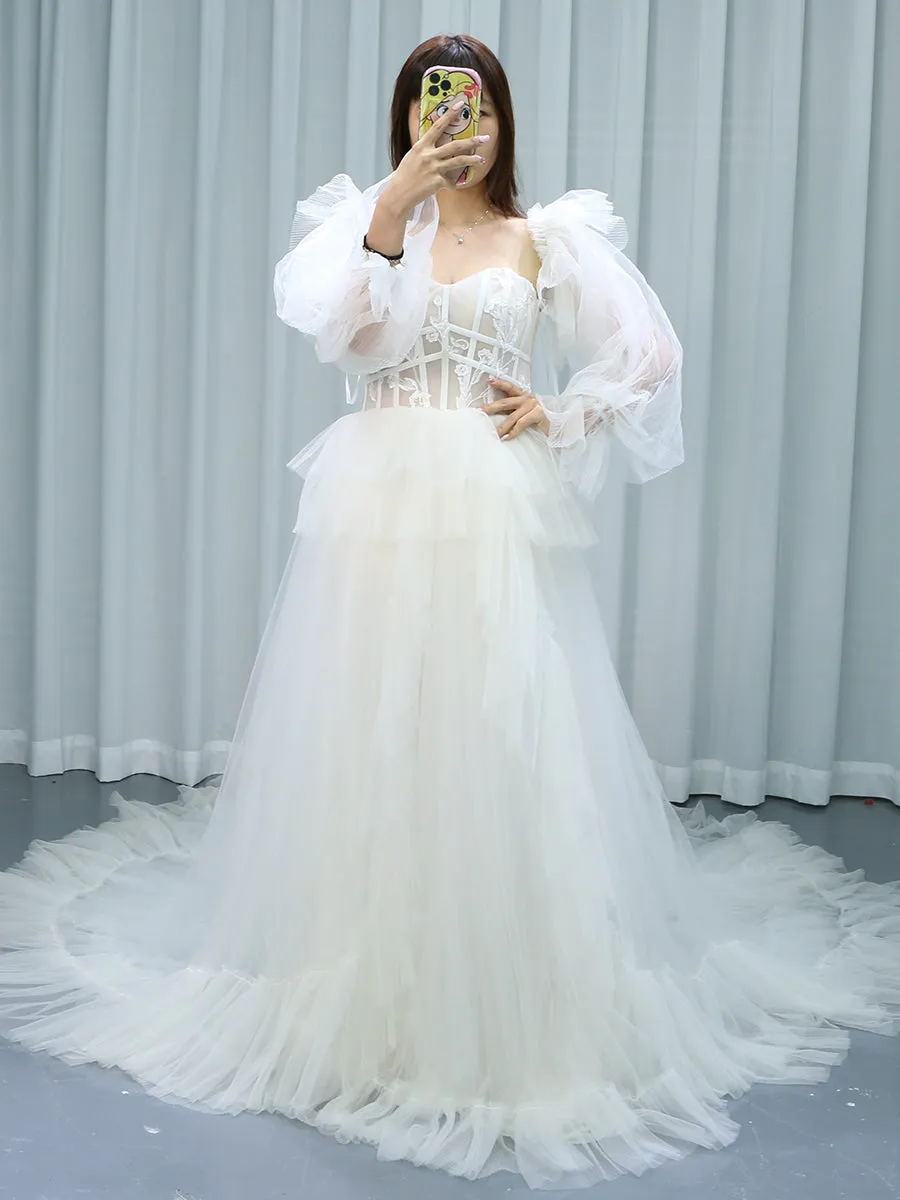 Long Sleeve Ruffle Tulle Colorful Wedding Dresses Bridal Dress YW221107