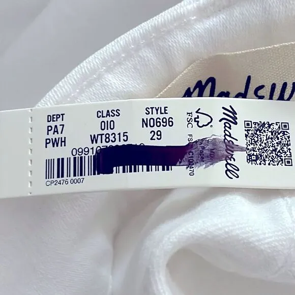 Madewell NWT Curvy Kick Out Crop Jeans Size 29 in Pure White