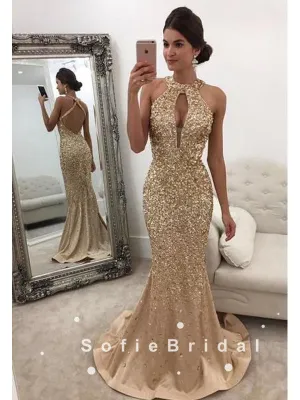 Mermaid Halter Beaded Custom Long Prom Dresses,SFPD0041