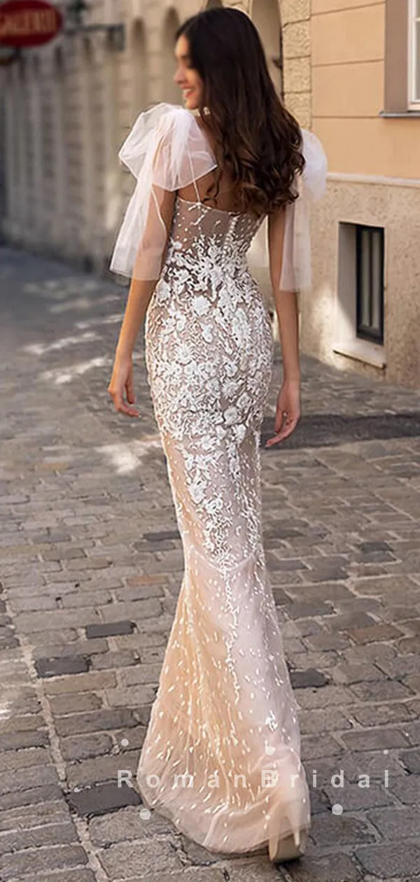 Mermaid V-Neck Spaghetti Straps Floor Length Wedding Dresses With Lace,RBWD0006