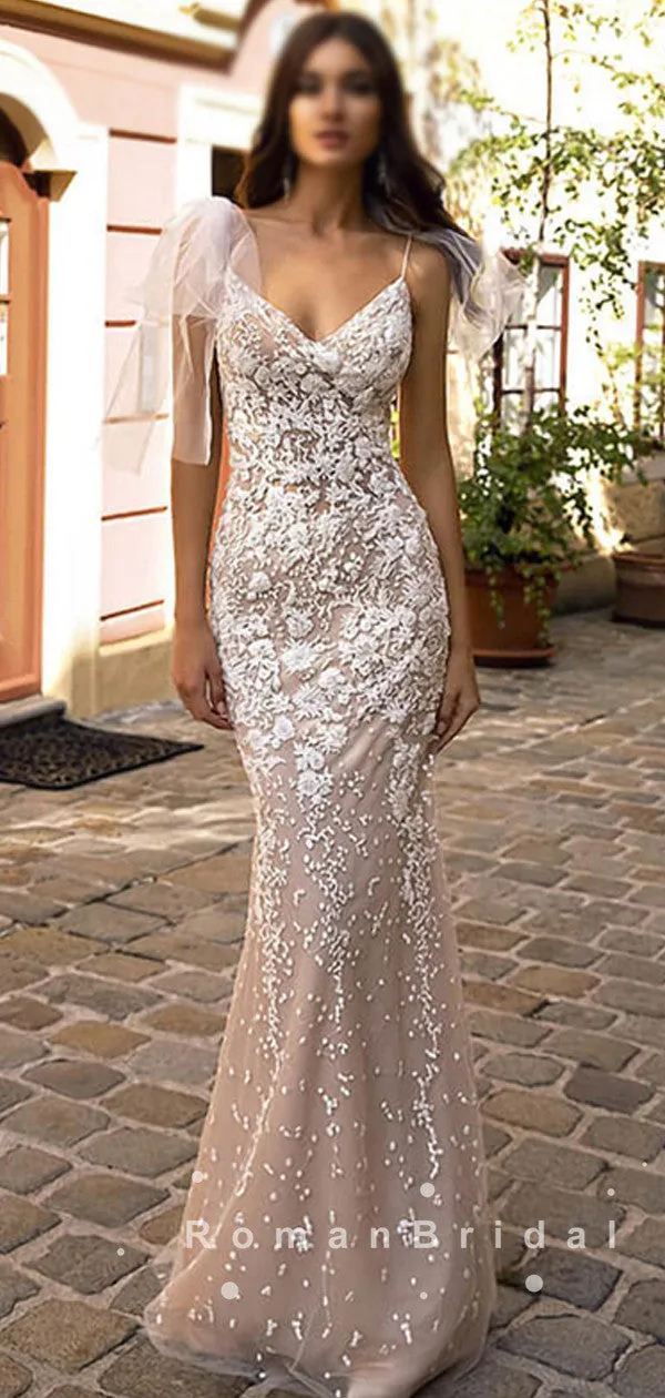 Mermaid V-Neck Spaghetti Straps Floor Length Wedding Dresses With Lace,RBWD0006
