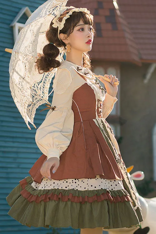 Multi-Color Japanese Country Style Stitching Bowknot Multi-Layer Ruffled Classic Lolita JSK Dress