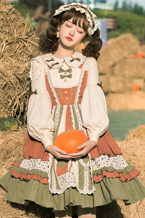 Multi-Color Japanese Country Style Stitching Bowknot Multi-Layer Ruffled Classic Lolita JSK Dress