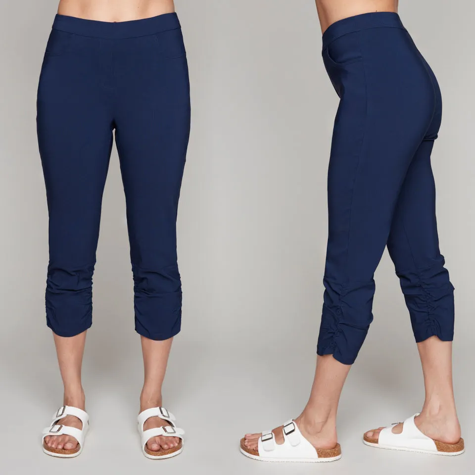 Navy Pull On Ruched Hem Stretch Capri