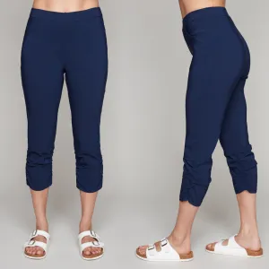 Navy Pull On Ruched Hem Stretch Capri