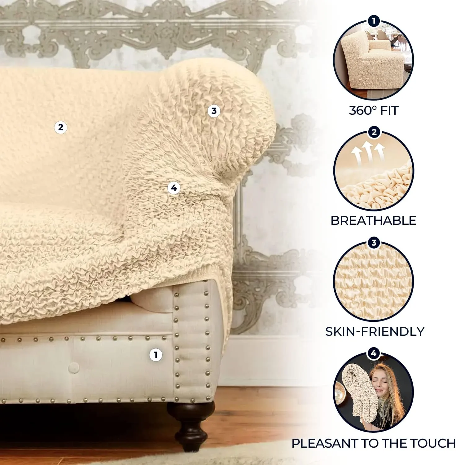 New PAULATO BY GA.I.CO. 4 Seater Sofa Cover - Couch Cover - Sofa Slipcover - Cotton Fabric Slipcover - 1-Piece Form Fit Stretch Stylish Furniture Cover - Microfibra Collection - Cream (Sofa) Retails $249 