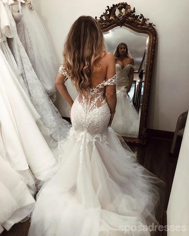 Off Shoulder Lace Mermaid Wedding Dresses Online, Cheap Beach Bridal Dresses, WD473