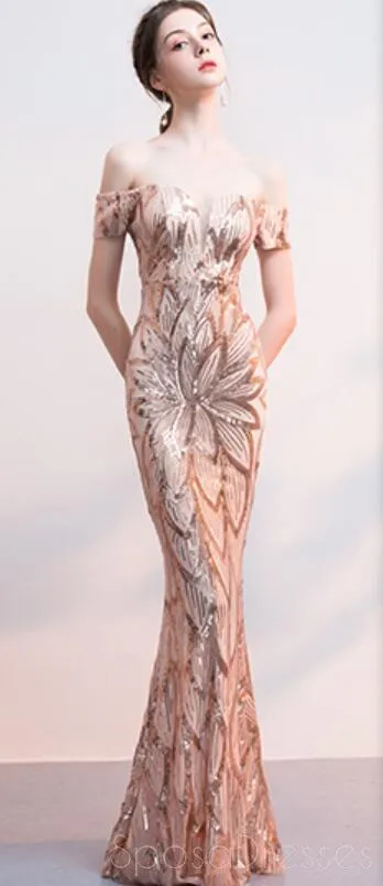 Off Shoulder Rose Gold Sequin Mermaid Long Evening Prom Dresses, Evening Party Prom Dresses, 12324