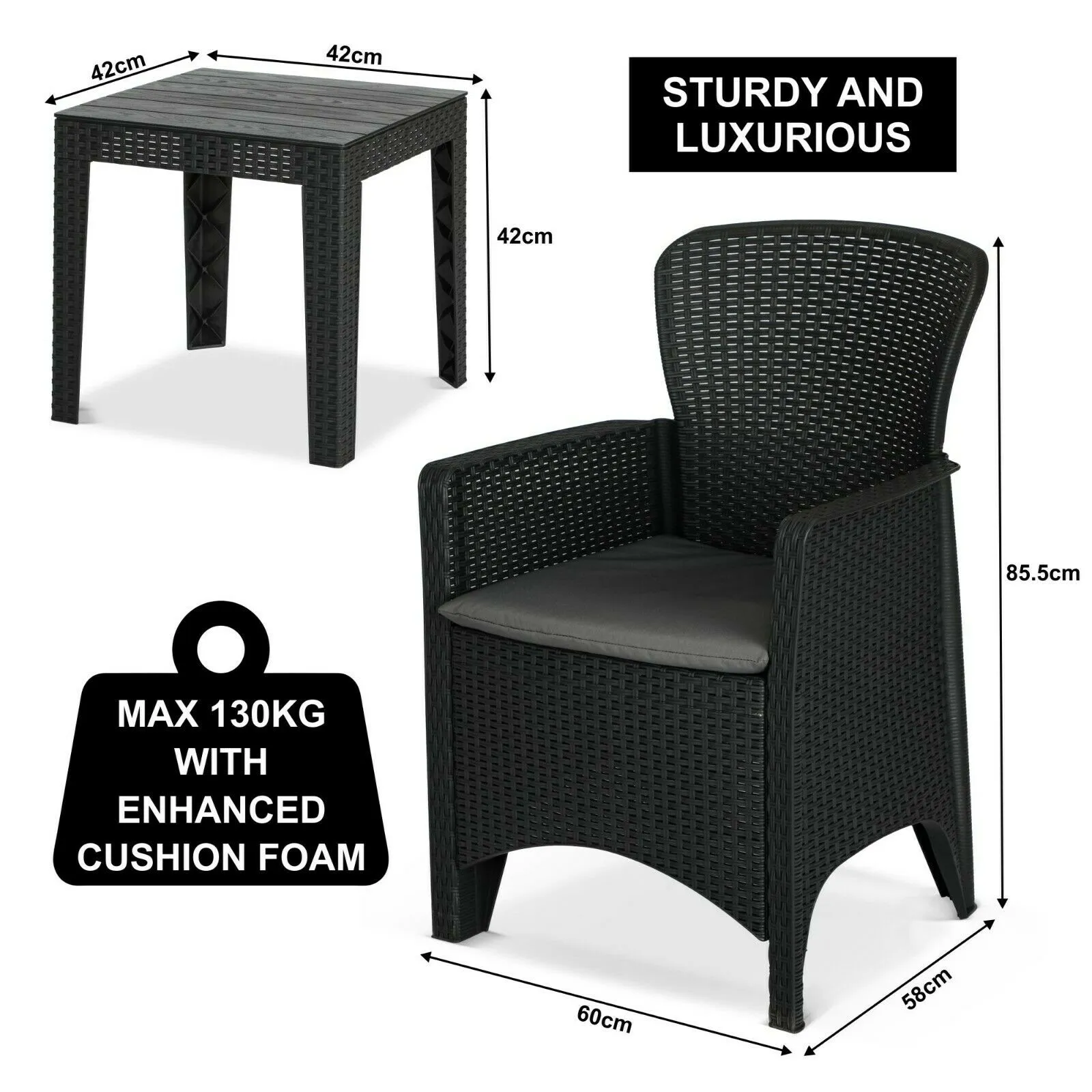 Olsen & Smith 3 Piece 2 Person Weatherproof Rattan Outdoor Garden Lawn Decking Patio Balcony Furniture Set, 2 Chairs and Cushions with 1 Table , Grey