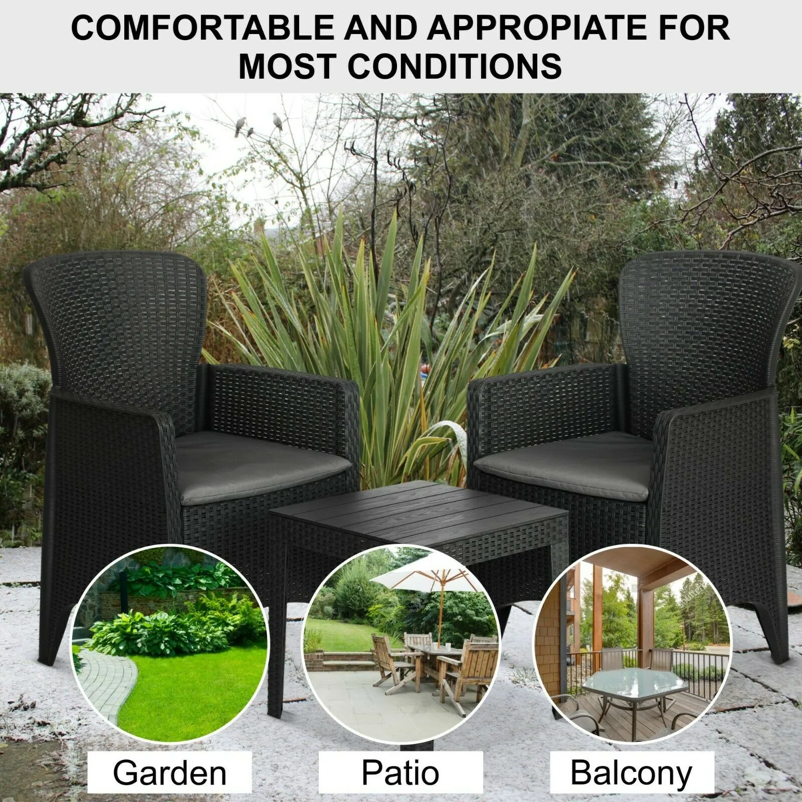Olsen & Smith 3 Piece 2 Person Weatherproof Rattan Outdoor Garden Lawn Decking Patio Balcony Furniture Set, 2 Chairs and Cushions with 1 Table , Grey