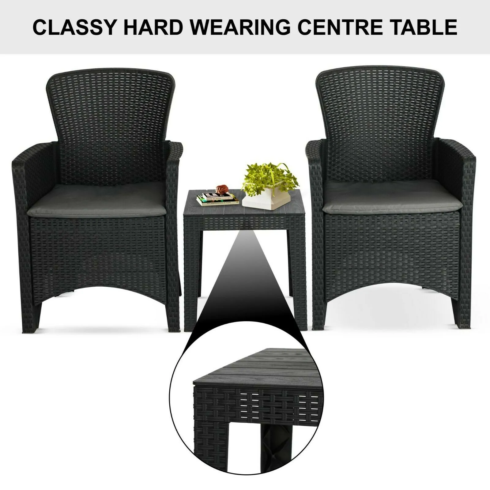 Olsen & Smith 3 Piece 2 Person Weatherproof Rattan Outdoor Garden Lawn Decking Patio Balcony Furniture Set, 2 Chairs and Cushions with 1 Table , Grey