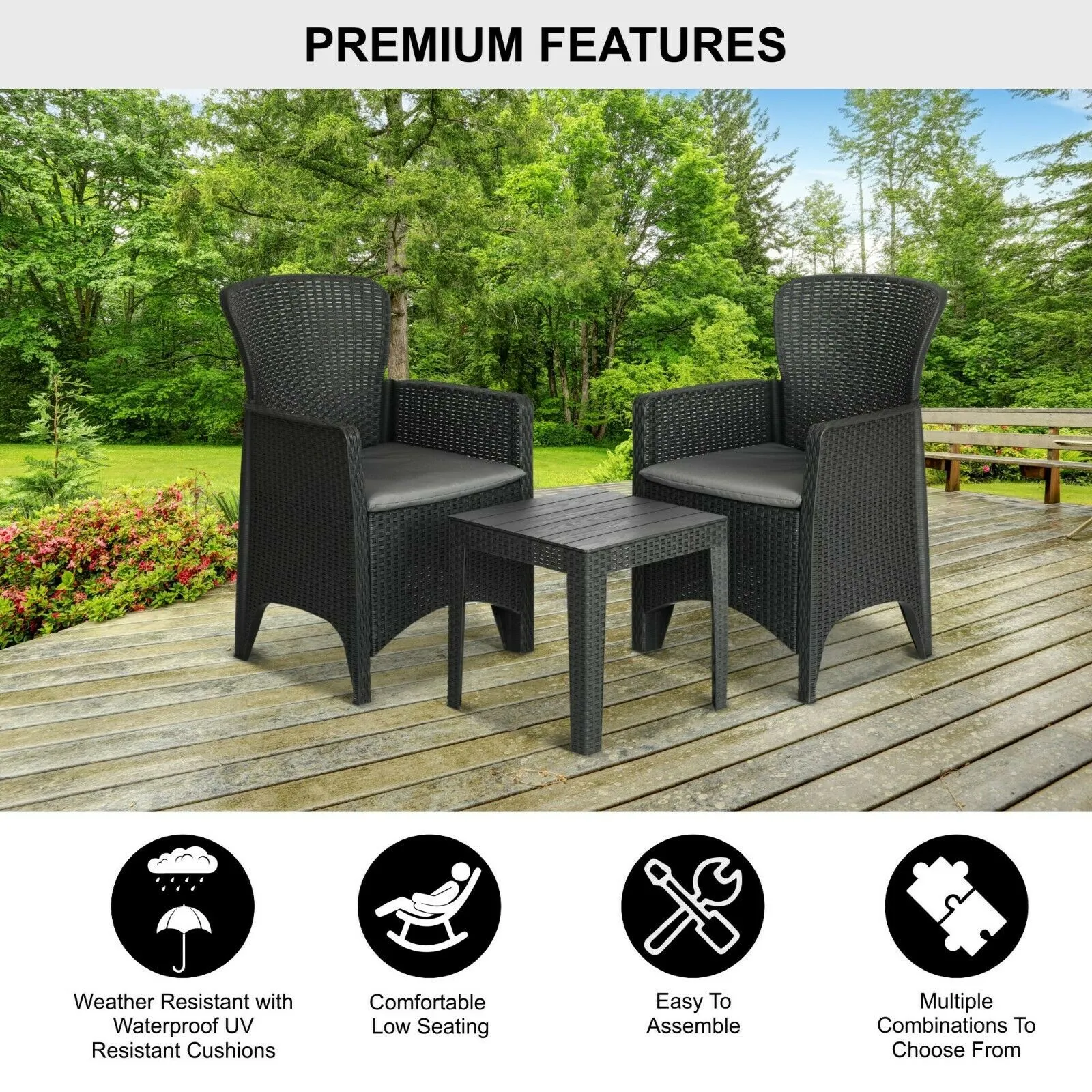 Olsen & Smith 3 Piece 2 Person Weatherproof Rattan Outdoor Garden Lawn Decking Patio Balcony Furniture Set, 2 Chairs and Cushions with 1 Table , Grey