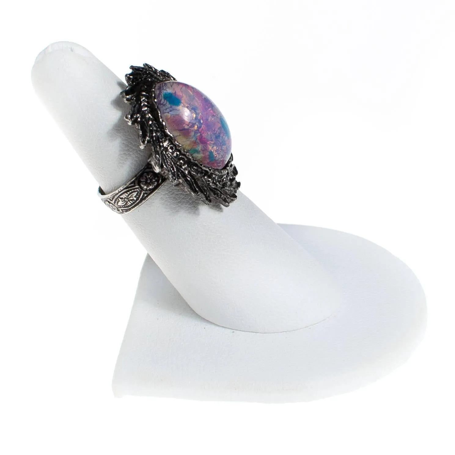Opaline Crystal Statement Ring, Silver Tone Setting, Adjustable