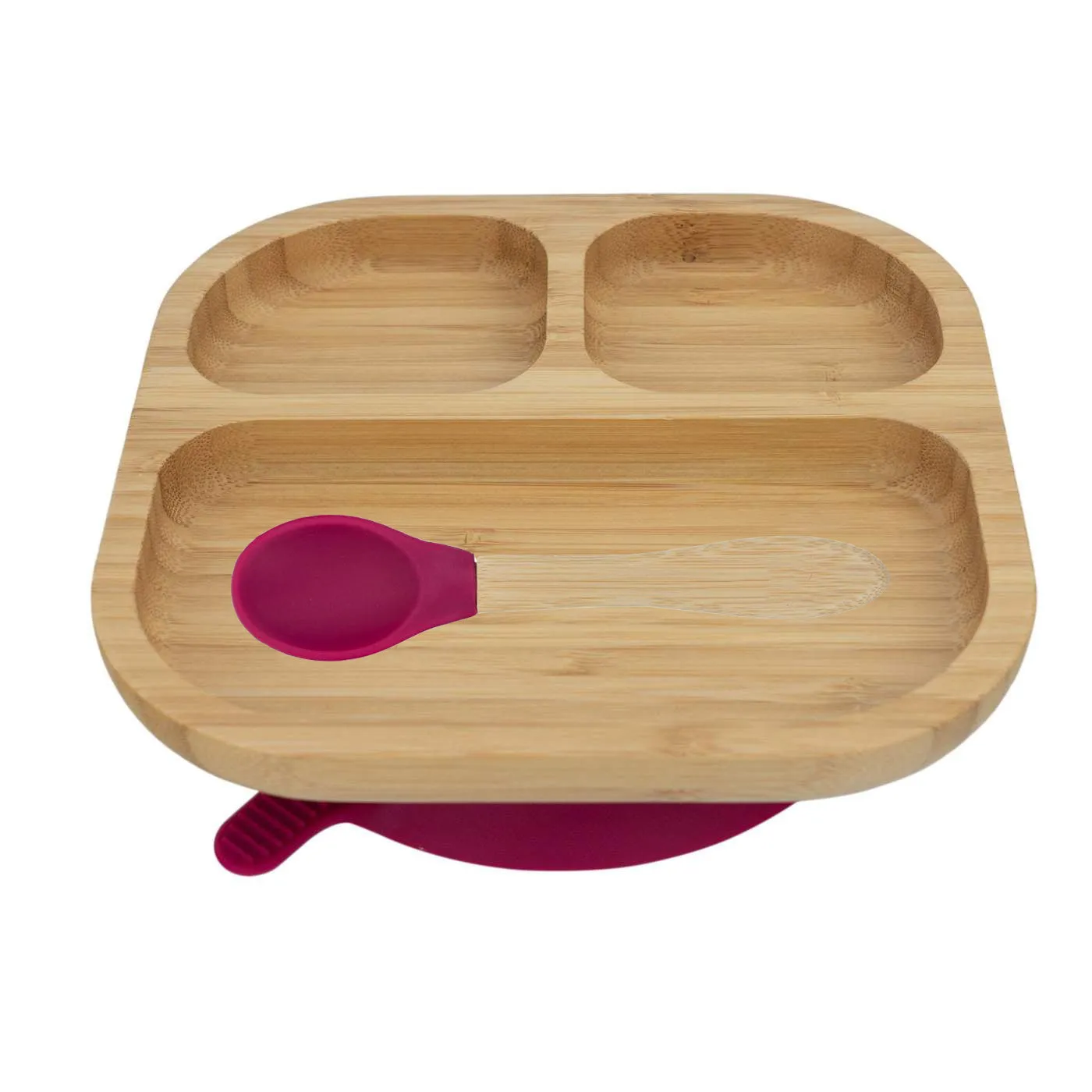 Personalised Wooden Tiny Dining Bamboo Plate with suction cup and Spoon - Majenta Red - By Babba Box