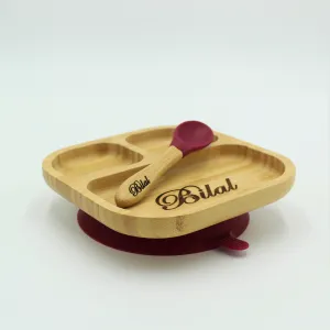 Personalised Wooden Tiny Dining Bamboo Plate with suction cup and Spoon - Majenta Red - By Babba Box