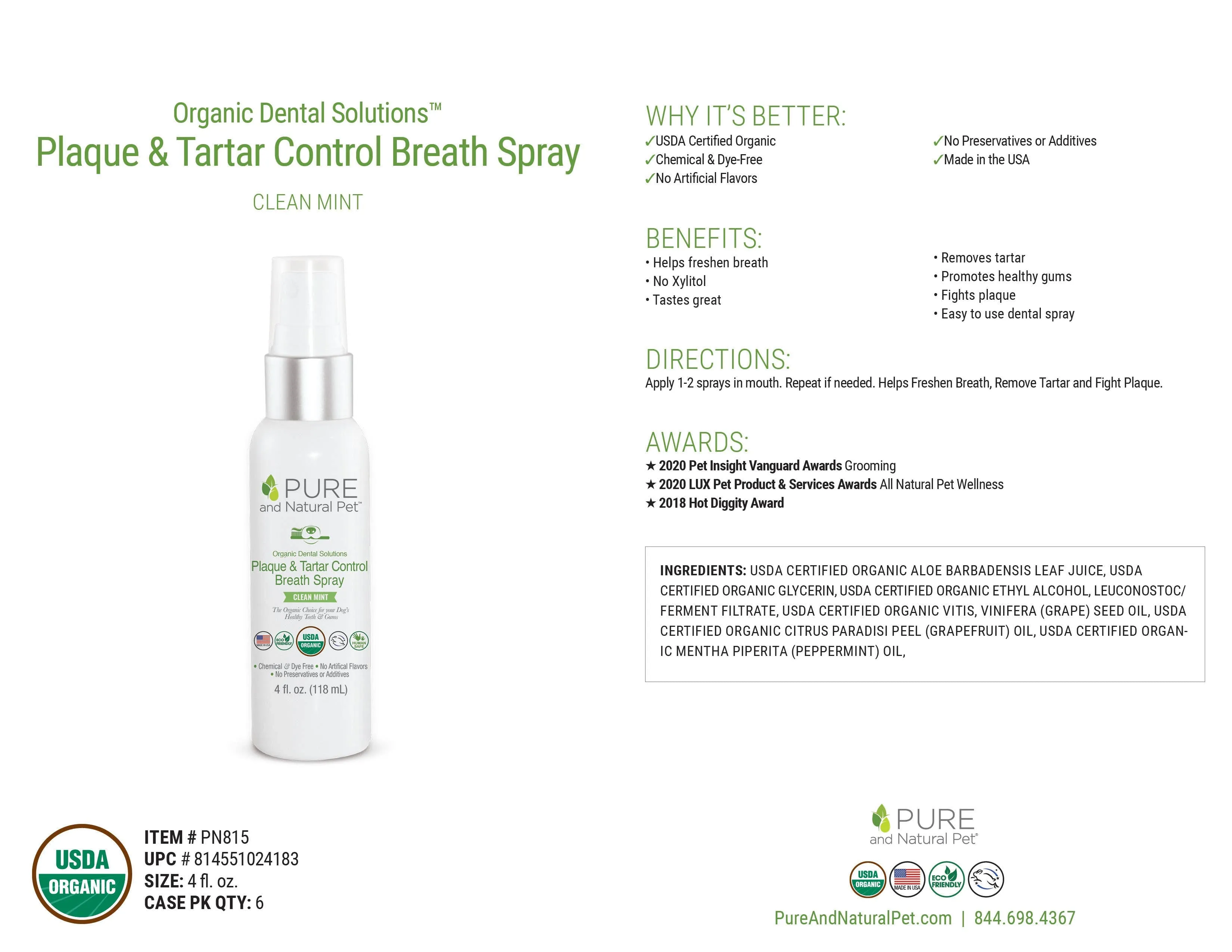Pure and Natural Pet - Organic Plaque & Tartar Dental Control Breath Spray for Dogs