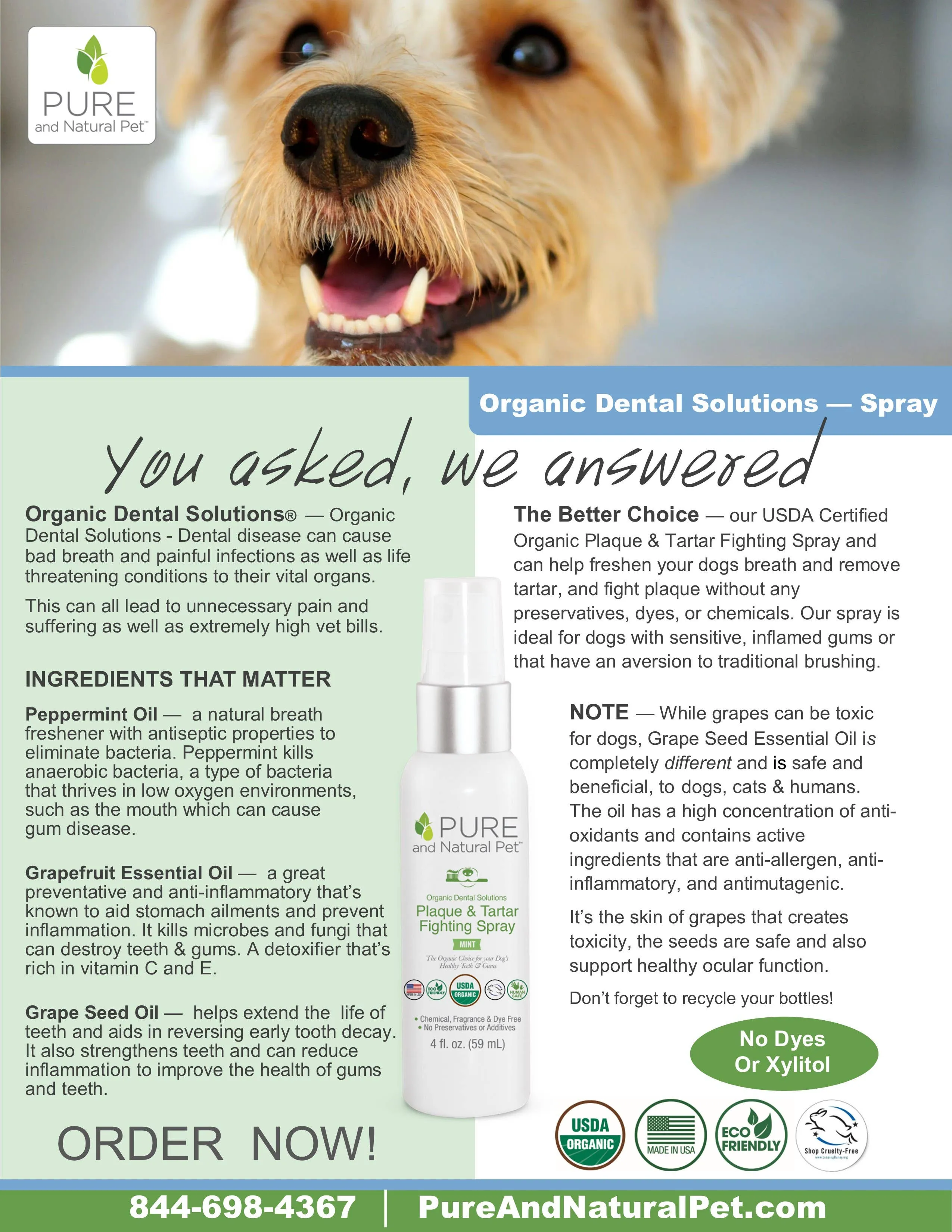 Pure and Natural Pet - Organic Plaque & Tartar Dental Control Breath Spray for Dogs