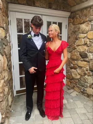 Red Lace One Shouder Layers Long A-line Party Dress, Red Lace Prom Dress