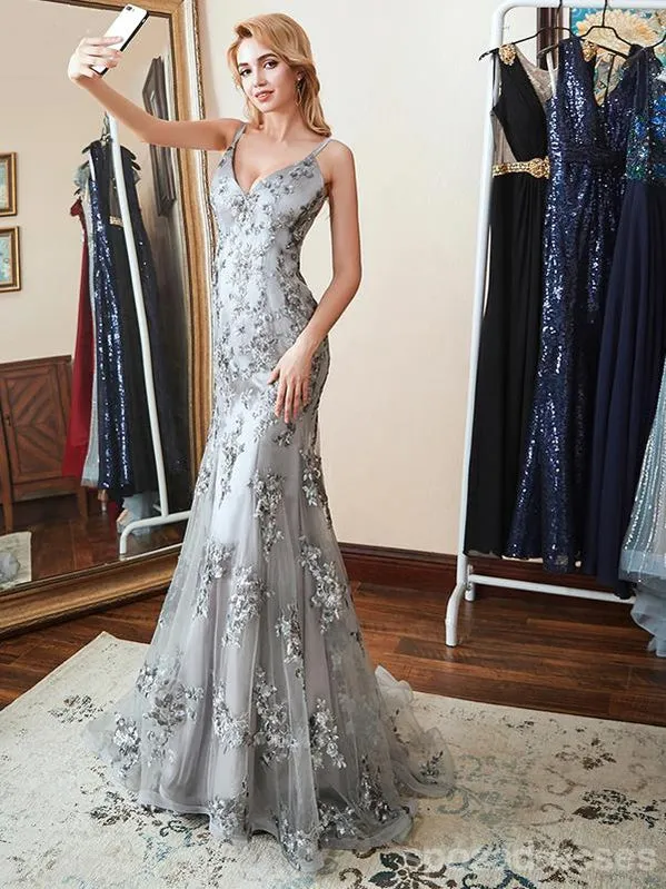 Sexy Grey Mermaid Spaghetti Straps V-neck Backless Long Party Prom Dresses Online,12555