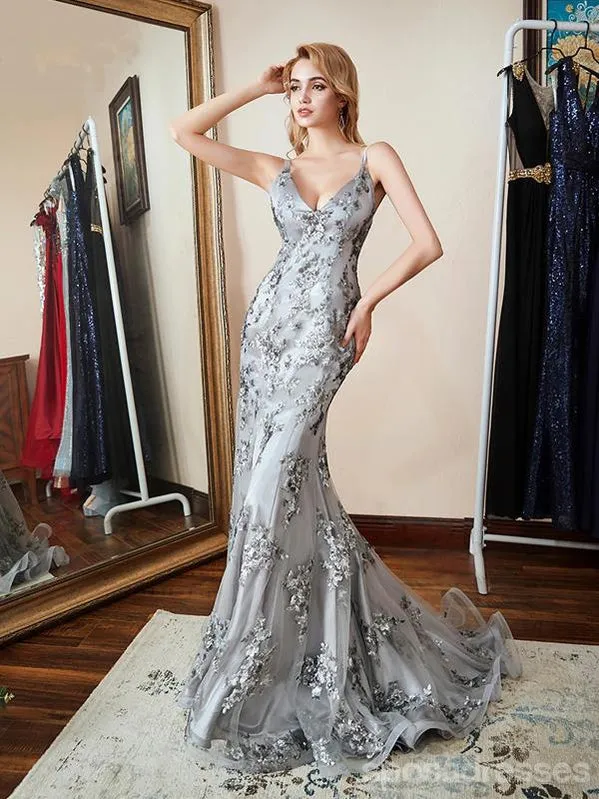 Sexy Grey Mermaid Spaghetti Straps V-neck Backless Long Party Prom Dresses Online,12555