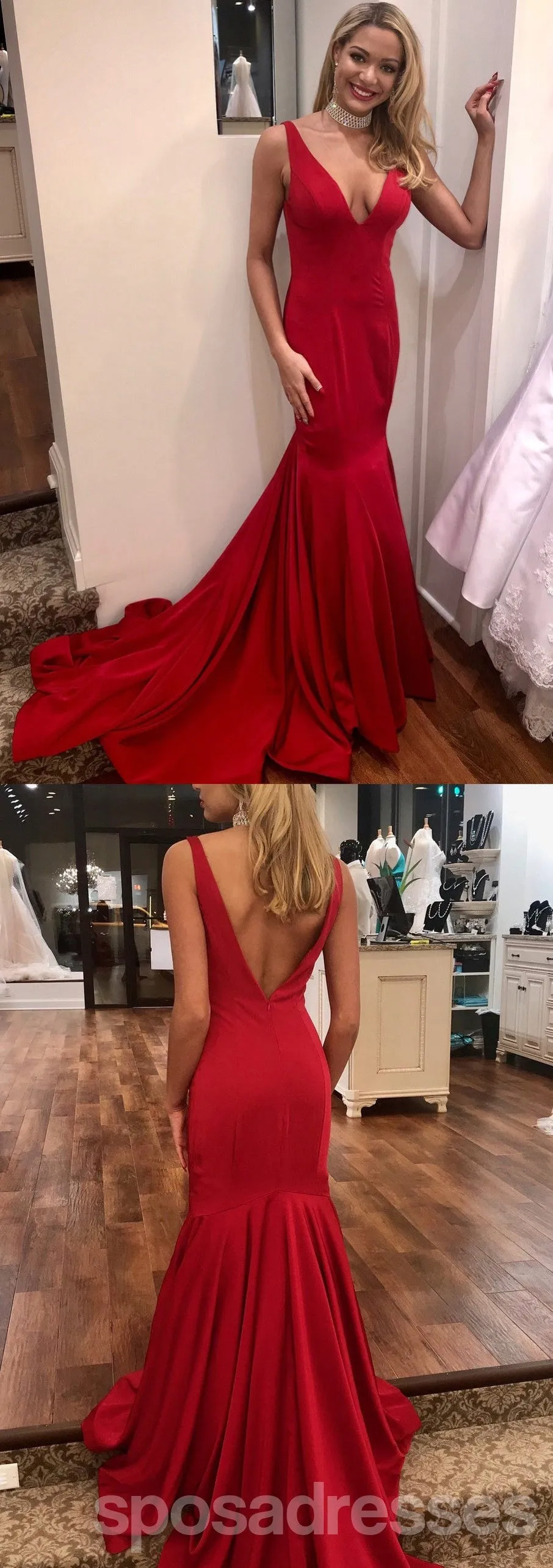 Sexy Red Mermaid V-neck Backless Long Party Prom Dresses,Evening Dress,13353