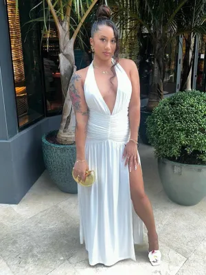Sexy White V-neck Side Slit Maxi Long Party Prom Dresses Ideas,Evening Gowns,13631