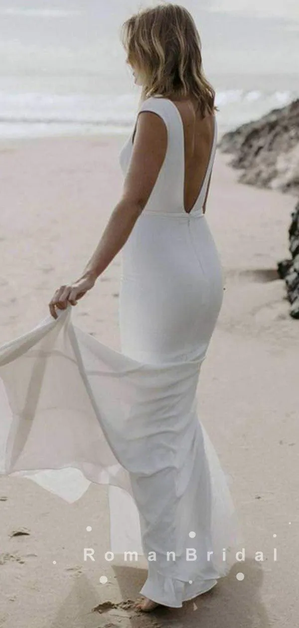 Sheath Deep V-Neck Sleeveless White Cheap Long Wedding Dresses Online,RBWD0020
