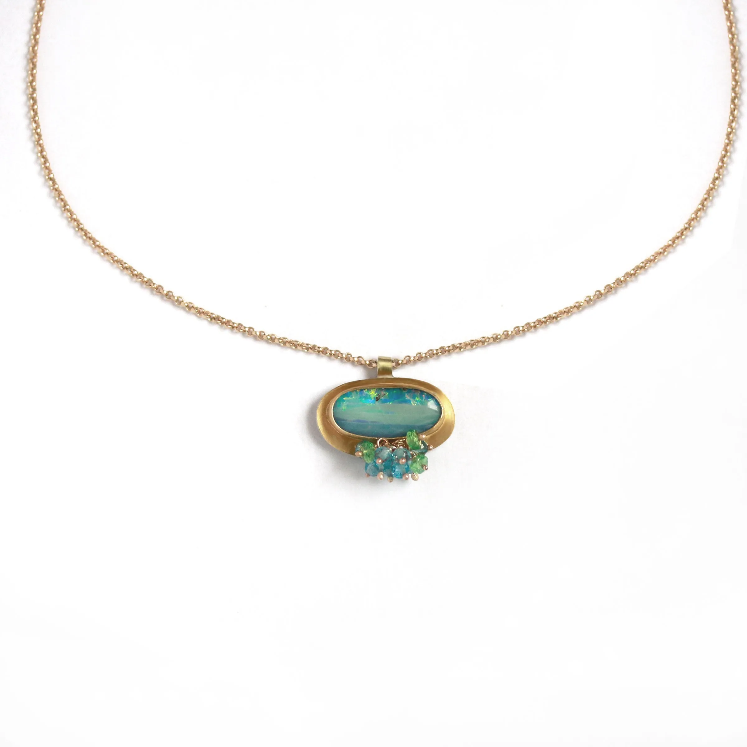 Sold! Green Blue Boulder Opal Pendant with Blue Topaz and Tsavorite Garnet Fringe