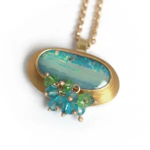 Sold! Green Blue Boulder Opal Pendant with Blue Topaz and Tsavorite Garnet Fringe