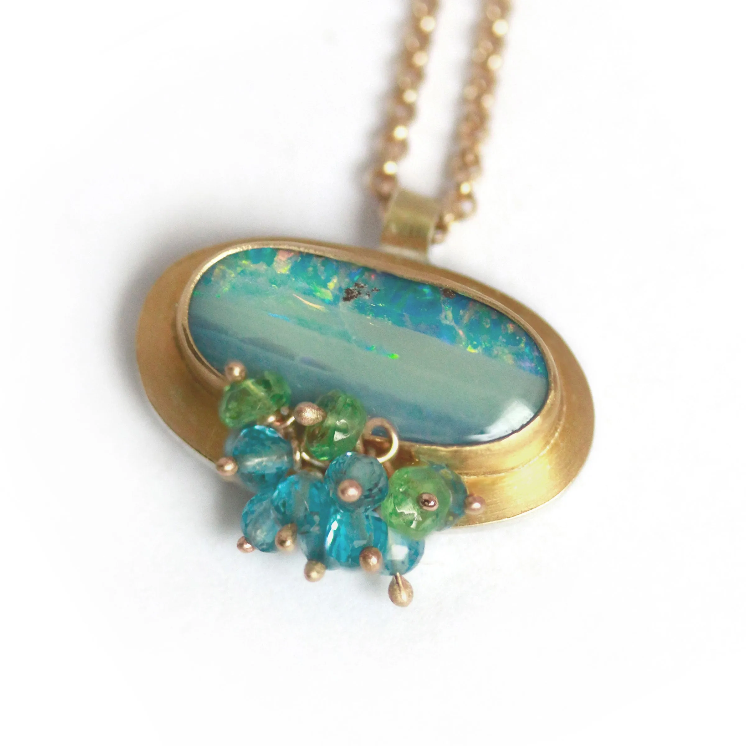 Sold! Green Blue Boulder Opal Pendant with Blue Topaz and Tsavorite Garnet Fringe