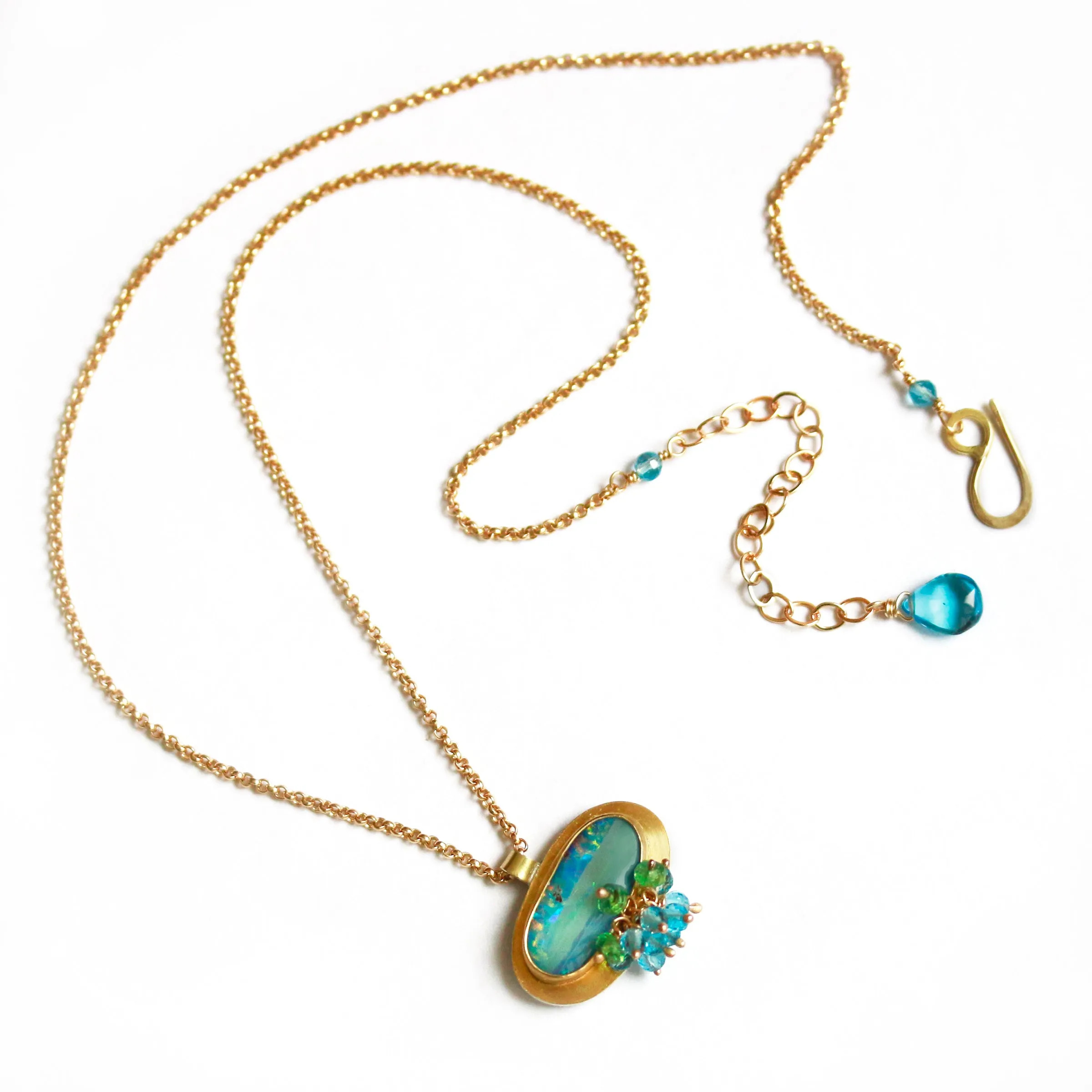Sold! Green Blue Boulder Opal Pendant with Blue Topaz and Tsavorite Garnet Fringe