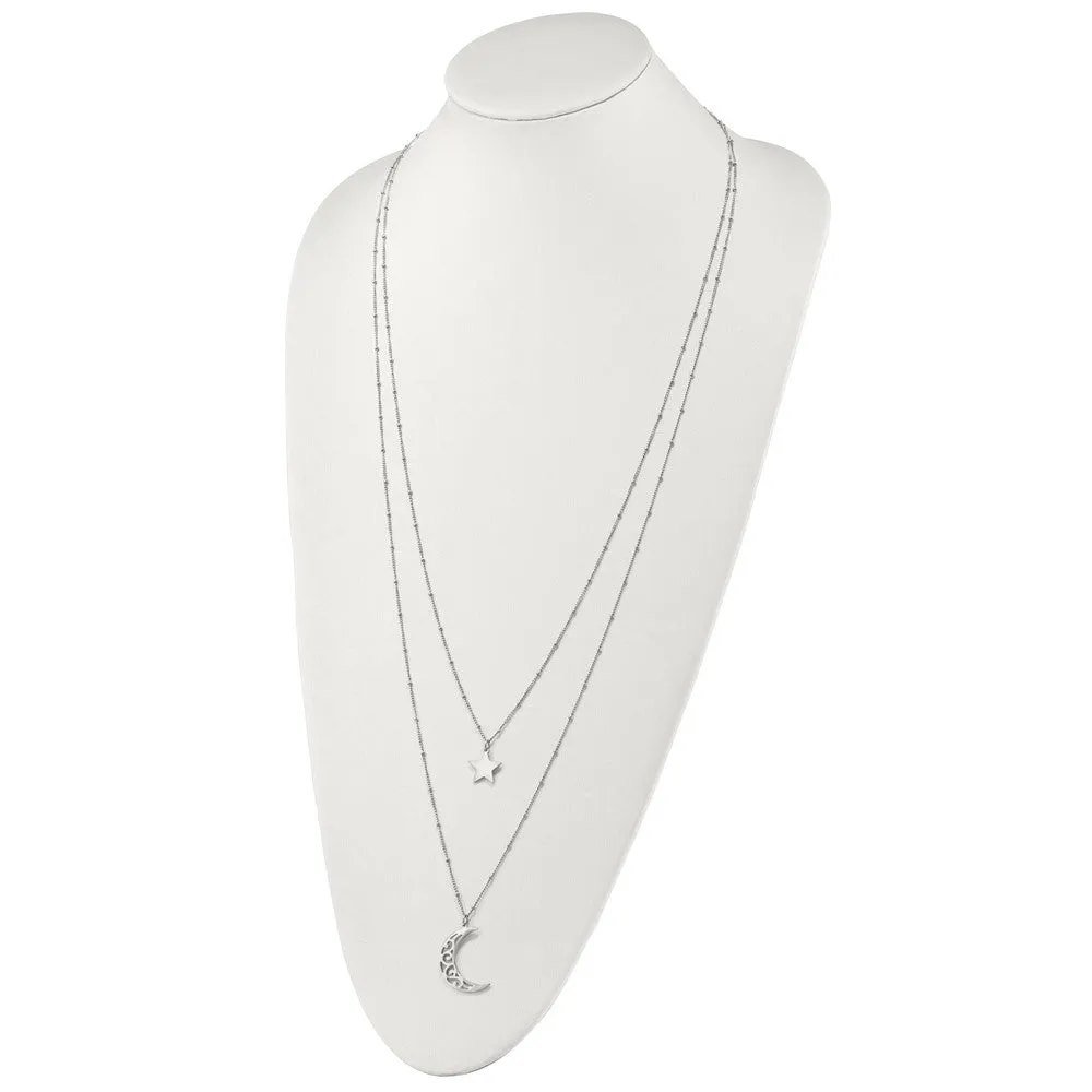 Stainless Steel Polished 2 Strand Beaded Star and Moon 30in Necklace