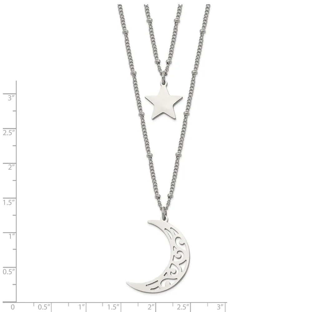 Stainless Steel Polished 2 Strand Beaded Star and Moon 30in Necklace