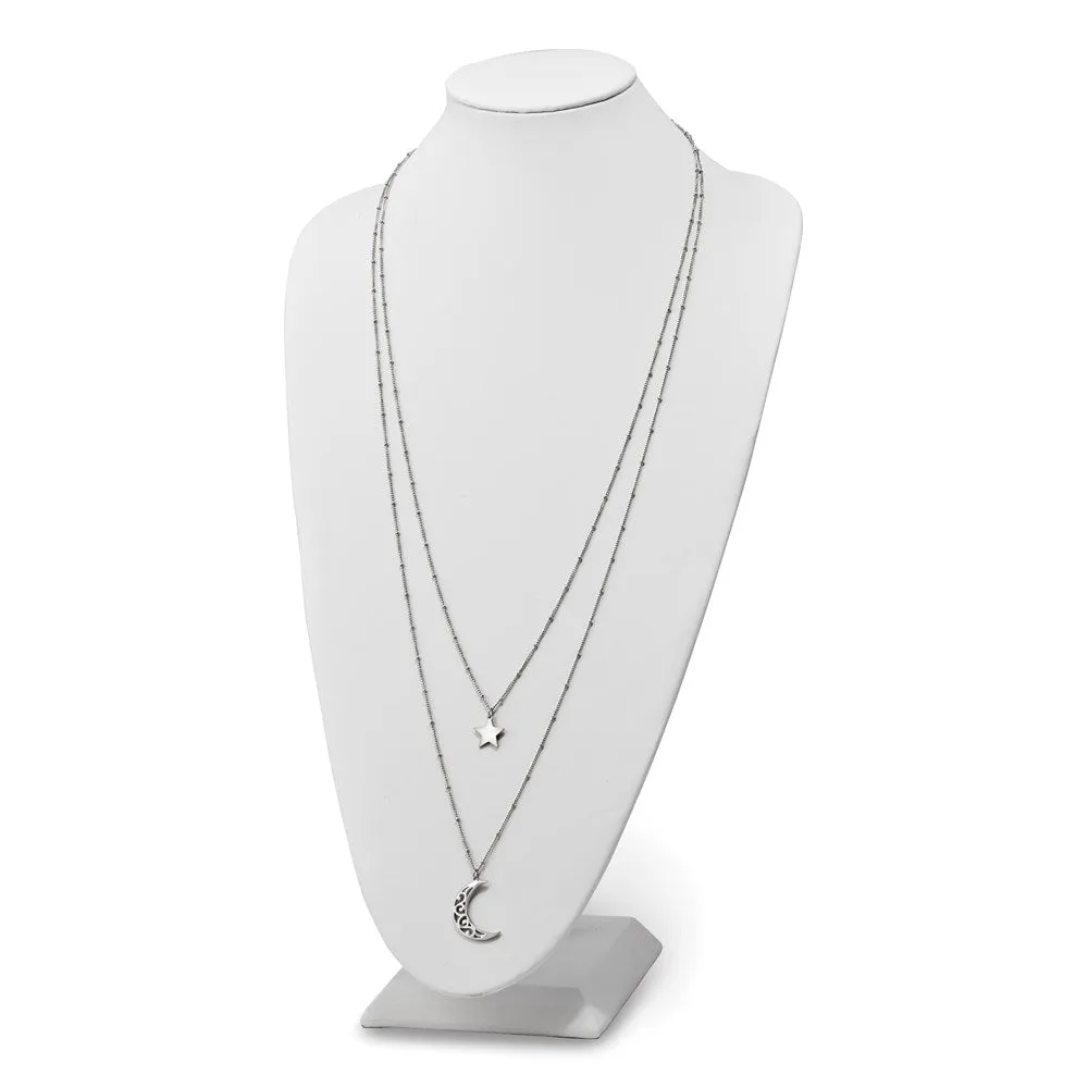 Stainless Steel Polished 2 Strand Beaded Star and Moon 30in Necklace