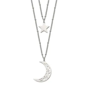 Stainless Steel Polished 2 Strand Beaded Star and Moon 30in Necklace