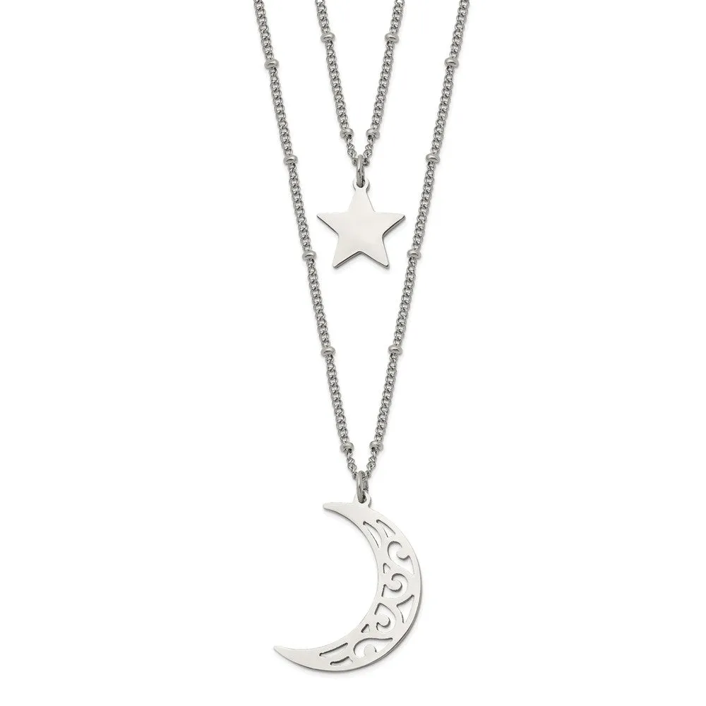 Stainless Steel Polished 2 Strand Beaded Star and Moon 30in Necklace