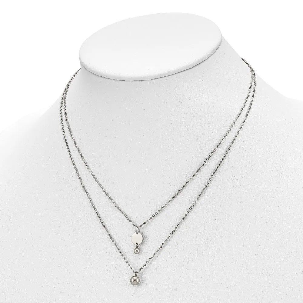 Stainless Steel Polished 2 Strand Disc & Beads 16.5in w/2in ext Necklace