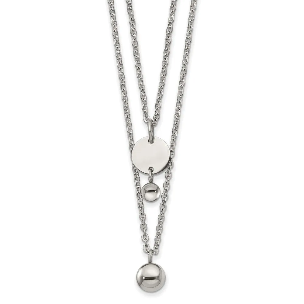 Stainless Steel Polished 2 Strand Disc & Beads 16.5in w/2in ext Necklace
