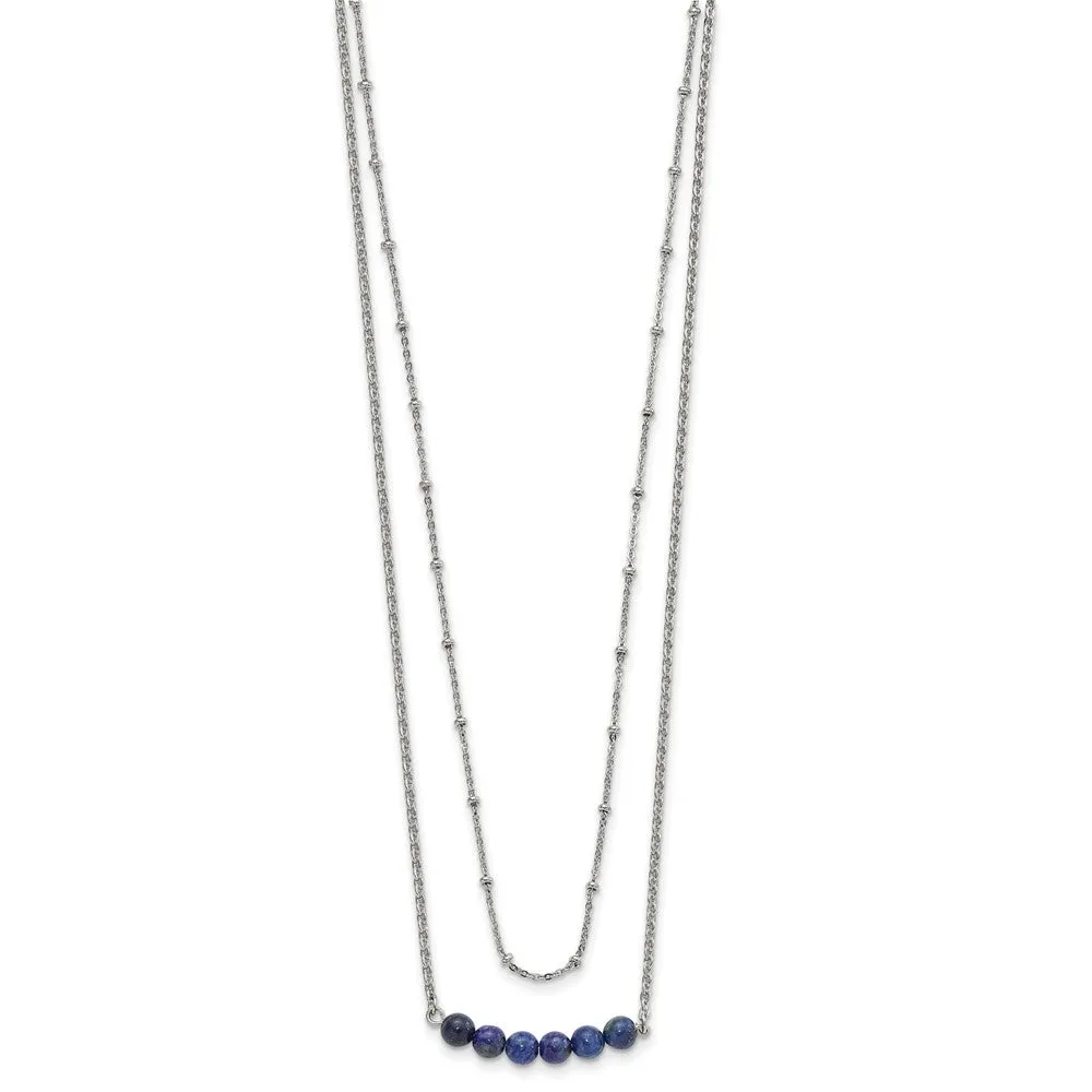 Stainless Steel Polished 2-Strand Lapis Beaded w/1in ext. 16.5in Necklace