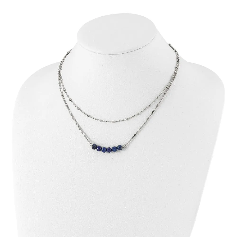 Stainless Steel Polished 2-Strand Lapis Beaded w/1in ext. 16.5in Necklace