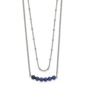 Stainless Steel Polished 2-Strand Lapis Beaded w/1in ext. 16.5in Necklace