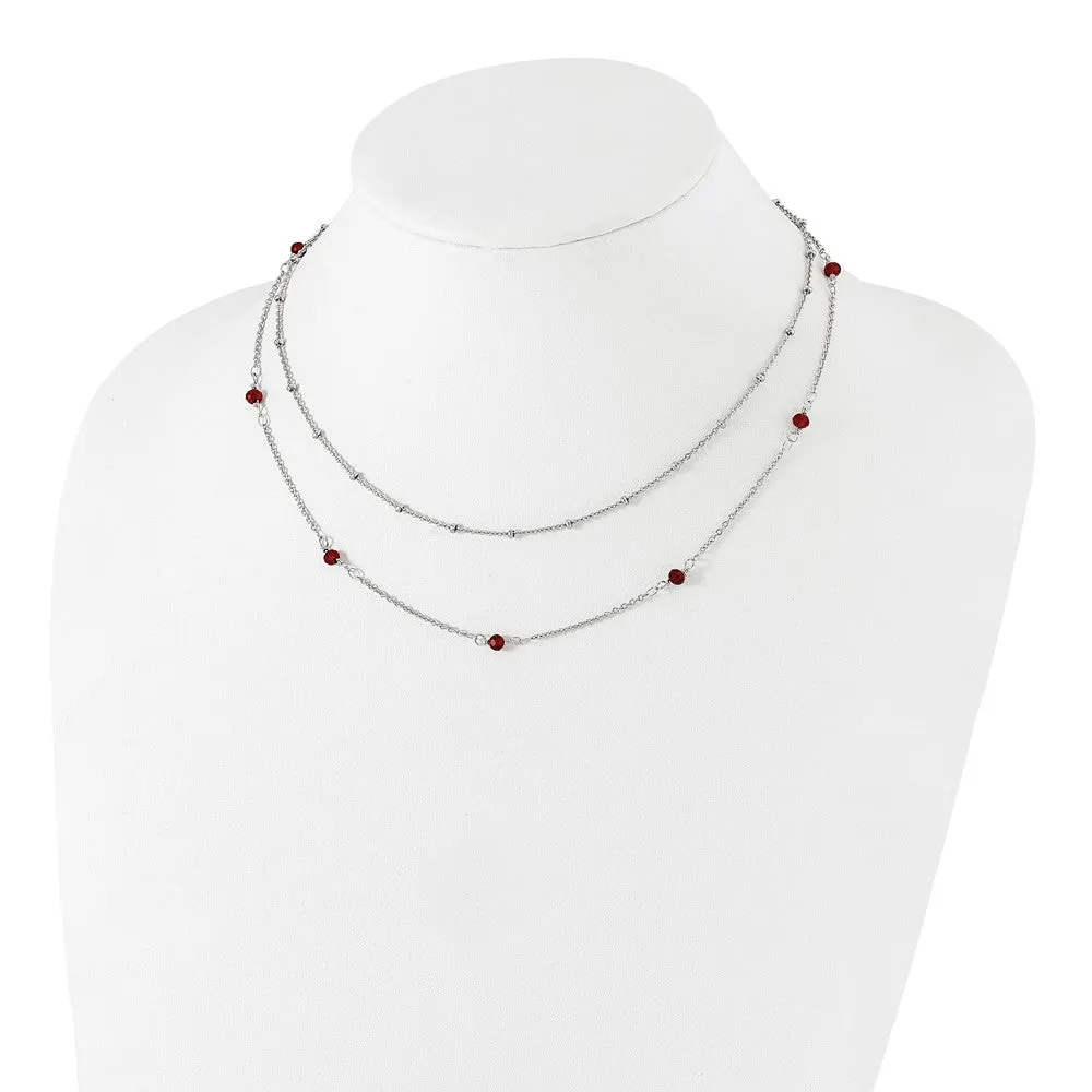 Stainless Steel Polished 2-Strand Red Crystal Beaded w/1in ext. Necklace