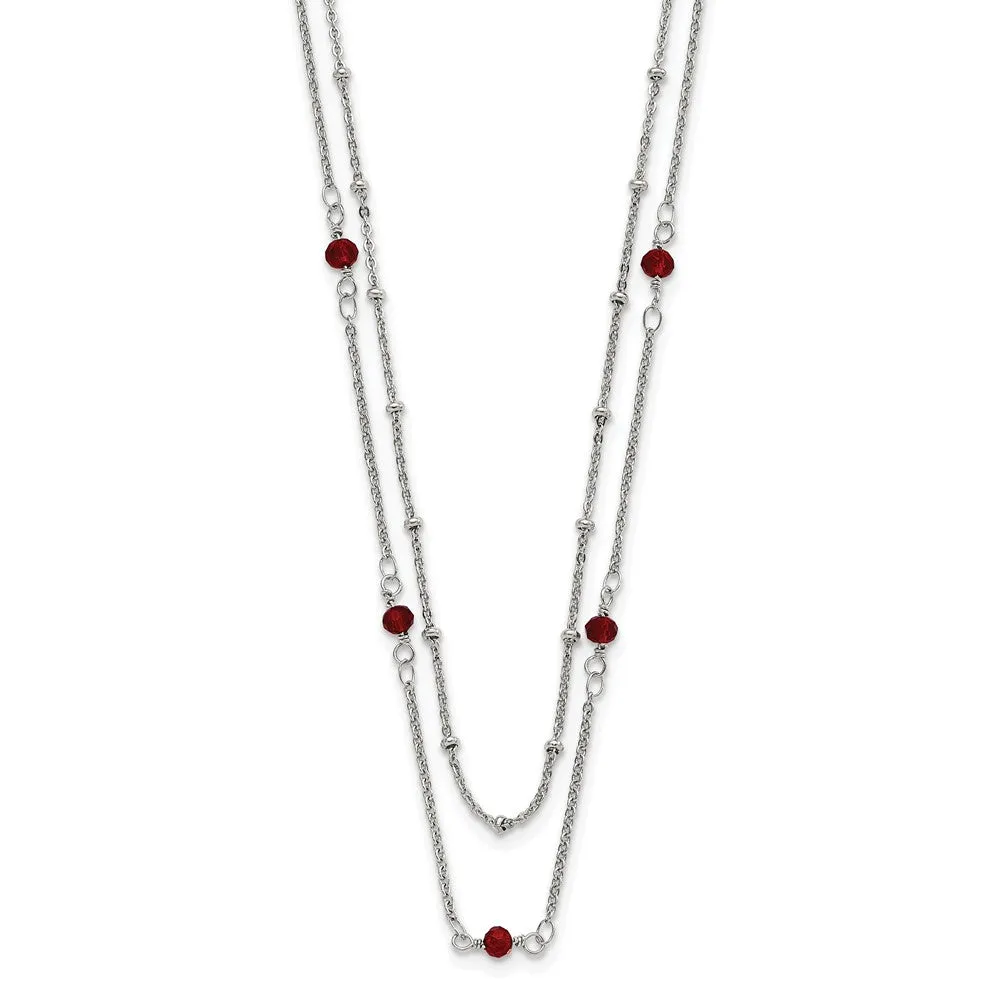 Stainless Steel Polished 2-Strand Red Crystal Beaded w/1in ext. Necklace