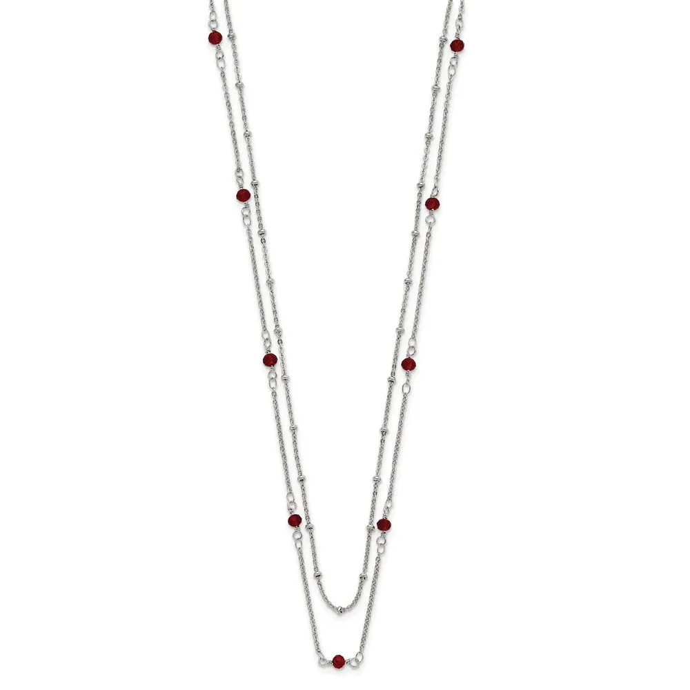 Stainless Steel Polished 2-Strand Red Crystal Beaded w/1in ext. Necklace